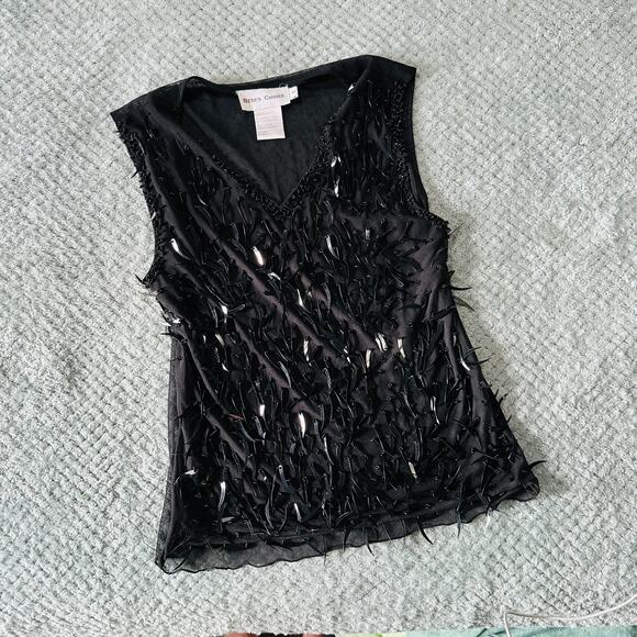 Vintage black sequin/beaded funky sheer high neck tank top beta's choice M - Picture 1 of 5